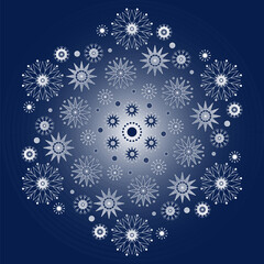 Winter magic ornament of snowflakes. White snowflakes on dark blue background. Monochrome blue decorative design element. Mandala ornament vector illustration. Hexagonal pattern of stars.