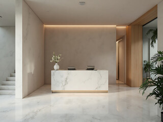 Modern Minimalist Reception Area with White Marble Desk and Green Plants