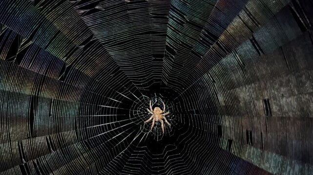 spider on a web in the dark at night, rainbow web.