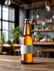 Beverage Bottle Mockup with Transparent Label on Bar