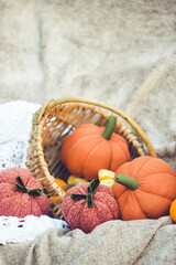 Stuffed handmade pumpkins, made of orange fabrics and yarn, Perfect autumnal decor