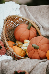 Stuffed handmade pumpkins, made of orange fabrics and yarn, Perfect autumnal decor