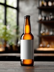 Frosted Glass Beer Bottle Mockup on Bar Counter
