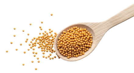 Mustard seeds in a wooden spoon isolated on transparent background, a flavorful spice for culinary creations and traditional medicine