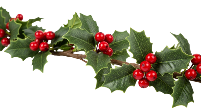 Festive holly branch isolated on transparent background, a classic christmas decoration symbolizing joy, peace, and the holiday spirit