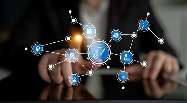 Image depicting digital connection with various icons symbolizing technology and business. Focus on innovative tools for communication and strategy in a professional environment. Tessel