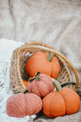 Stuffed handmade pumpkins, made of orange fabrics and yarn, Perfect autumnal decor