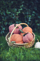 Stuffed handmade pumpkins, made of orange fabrics and yarn, Perfect autumnal decor