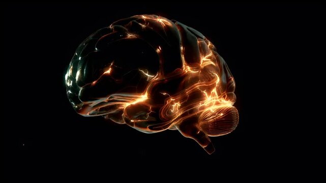 A detailed, highresolution digital artwork of a human brain. The brain is illuminated with a radiant, fiery glow, highlighting its intricate details and textures. The background is a deep black.