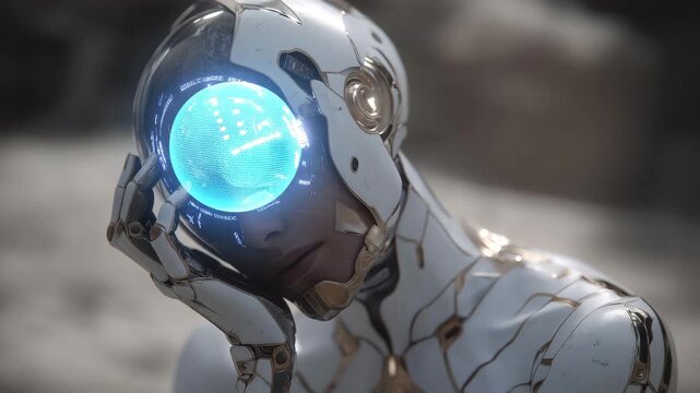 Futuristic android in scientific environment with glowing digital genesis chamber integrated inside, highlighting robotic generative future, advanced artificial systems, and speculative innovation.