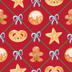 Christmas seamless pattern with watercolor cookies. Suitable for print and product packaging.