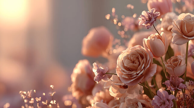 Elegant floral arrangement with roses and tulips in soft pastel colors