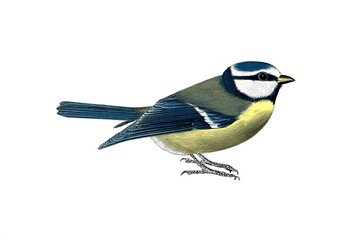 Obraz premium Illustration of a Eurasian blue tit in vintage style on a branch with leaves