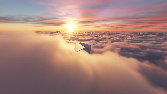 A paper airplane is soaring through a sea of clouds at sunrise a celestial glow illuminating the horizon