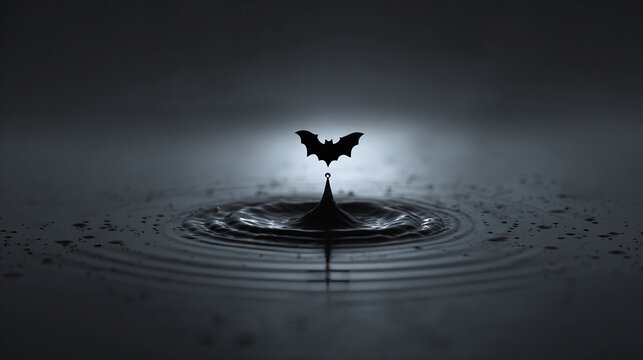 A unique silhouette of a bat perched atop a water droplet