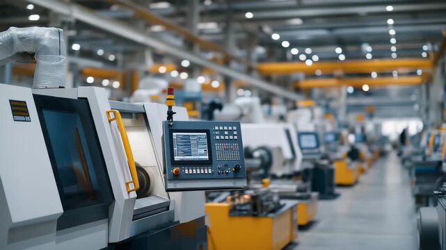 Futuristic industrial facility with multiple automated CNC machines producing precision components simultaneously, emotion of teamwork between machines and human supervision visible, representing