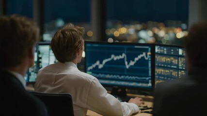 Futuristic office with multiple analysts tracking digital currency fluctuations on augmented reality dashboards, symbolizing predictive analytics, fintech innovation, and next-gen blockchain - Powered by Adobe