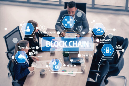 A diverse business team engages in a dynamic discussion about blockchain technology, visualizing key concepts like security, network, and tokenization in a modern office setting. Tessel