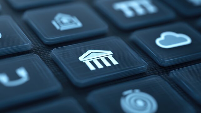 Digital icons representing cloud computing and regulatory standards on a modern interface, showcasing technology integration and security measures