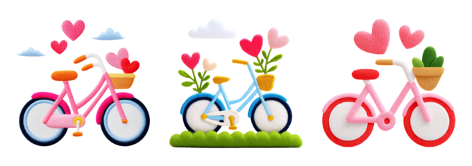 Embroidered valentine patch bicycle with heart shaped flowers in basket and clouds creating romantic spring scene