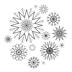 Set of snowflakes on white background. Set of decorative design elements. Mandala ornament vector illustration. Coloring page. Monochrome tattoo design.