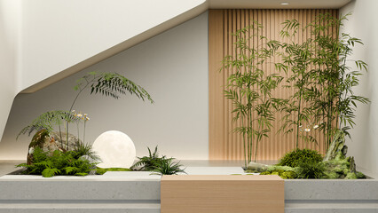 Modern zen garden interior with bamboo ferns and moon lamp 3D render