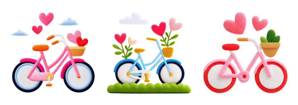Embroidered valentine patch bicycle with heart shaped flowers in basket and clouds creating romantic spring scene
