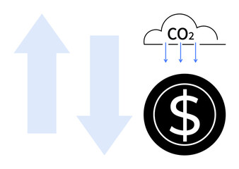 Up and down arrows, CO2 emission symbol above a dollar coin. Ideal for climate change, carbon pricing, emission trading, sustainability, economics, environment and global policy. Simple flat