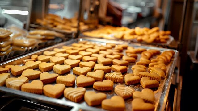A closeup shot of a bakery display case showcasing a variety of baked goods. The main subject is a tray of heartshaped cookies, each with a distinct color and texture.