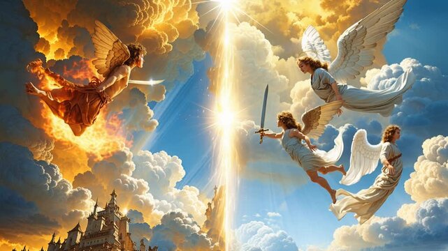 Epic sword creating a boundary between the celestial realm of angels and the fiery abyss of demons, representing the eternal conflict of good versus evil in a vivid fantasy scene