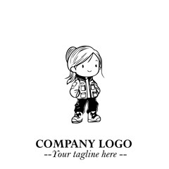 Black and White Chibi Girl Standing in Jacket, Pants, and Boots. Simple Bold Vector Illustration
