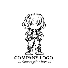 Black and White Chibi Girl Standing in Jacket, Pants, and Boots. Simple Bold Vector Illustration
