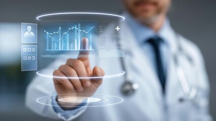 Health insurance policy interface projected as holographic data charts around doctor and patient, symbolizing medical coverage, wellness planning, and futuristic financial protection systems. - Powered by Adobe