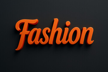 3D typography of the word “Fashion” in bold orange color on a dark black background. Stylish and modern text design perfect for use in fashion brand logos, boutique.