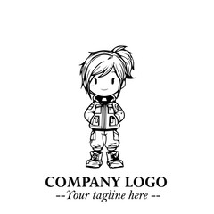 Black and White Chibi Girl Standing in Jacket, Pants, and Boots. Simple Bold Vector Illustration
