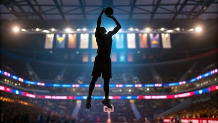 Dynamic basketball action shot of athlete jumping for a shot in a packed stadium, showcasing athleticism, teamwork, and intense sports competition