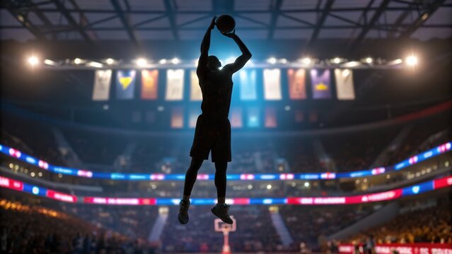 Dynamic basketball action shot of athlete jumping for a shot in a packed stadium, showcasing athleticism, teamwork, and intense sports competition