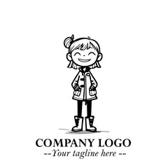 Black and White Chibi Girl Standing in Jacket, Pants, and Boots. Simple Bold Vector Illustration

