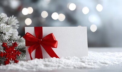 Blank white Christmas card with red ribbon bow and snowflake ornament on snow