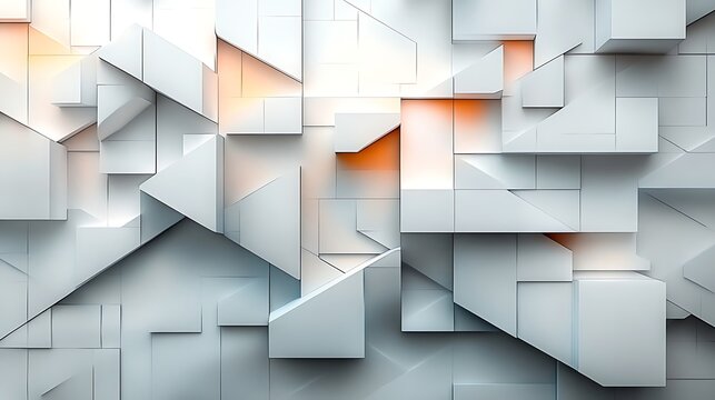 Abstract white geometric block pattern background with orange glowing accents for creative design projects
