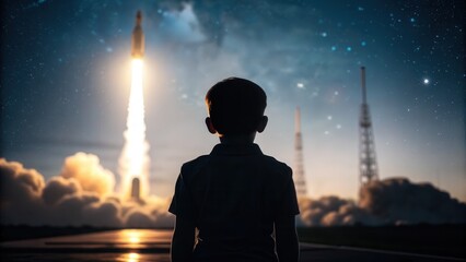 Spectacular rocket launch at night showcasing advanced space technology, powerful vehicle ascending through the stars with vibrant atmospheric effects and inspiring exploration