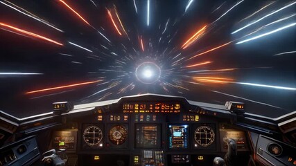 View from spaceship cockpit during interstellar travel through glowing hyperspace tunnel - Powered by Adobe