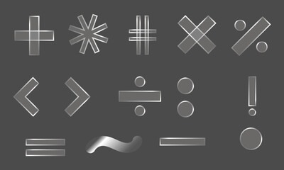 Silver mathematical symbols gleam on a gray backdrop, presenting plus, asterisk, hashtag, multiplication and percentage