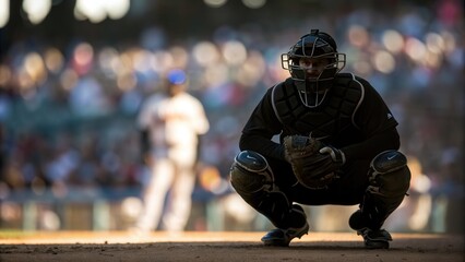 Professional baseball catcher in action during game on outdoor stadium with sports equipment, athletic performance, focus, agility, and team effort