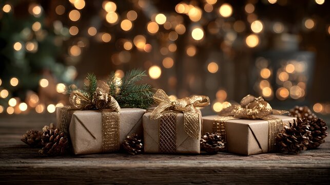 Christmas gift boxes with golden ribbons pinecones and festive bokeh lights on rustic wood - Powered by Adobe