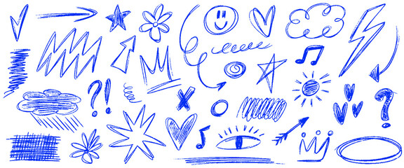 Scribble doodle elements set. Blue pen underline children marker scratch, arrows, heart, stars and scribbles. Hand drawn crayon abstract sketch, handwriting for journaling. Vector kid drawings