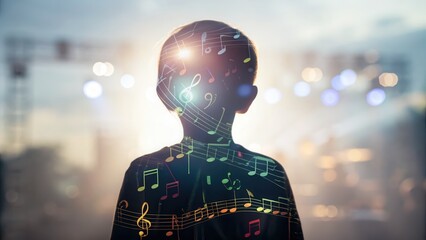 Child Silhouette with Musical Notes and Vibrant Colors Creating Artistic Expression and Inspiring Childhood Creativity in a Dynamic Visual Composition