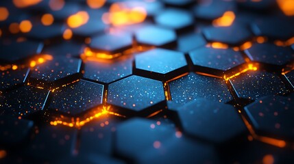 Abstract dark blue honeycomb pattern with bright orange glowing between the shapes design