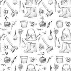 Garden tools and bees on white background seamless pattern