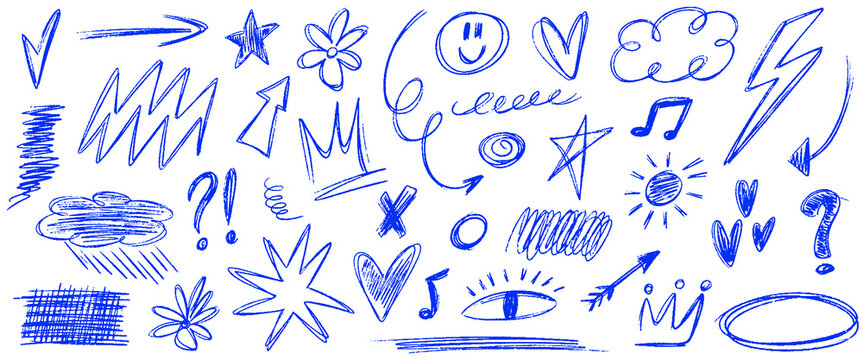 Scribble doodle elements set. Blue pen underline children marker scratch, arrows, heart, stars and scribbles. Hand drawn crayon abstract sketch, handwriting for journaling. Vector kid drawings